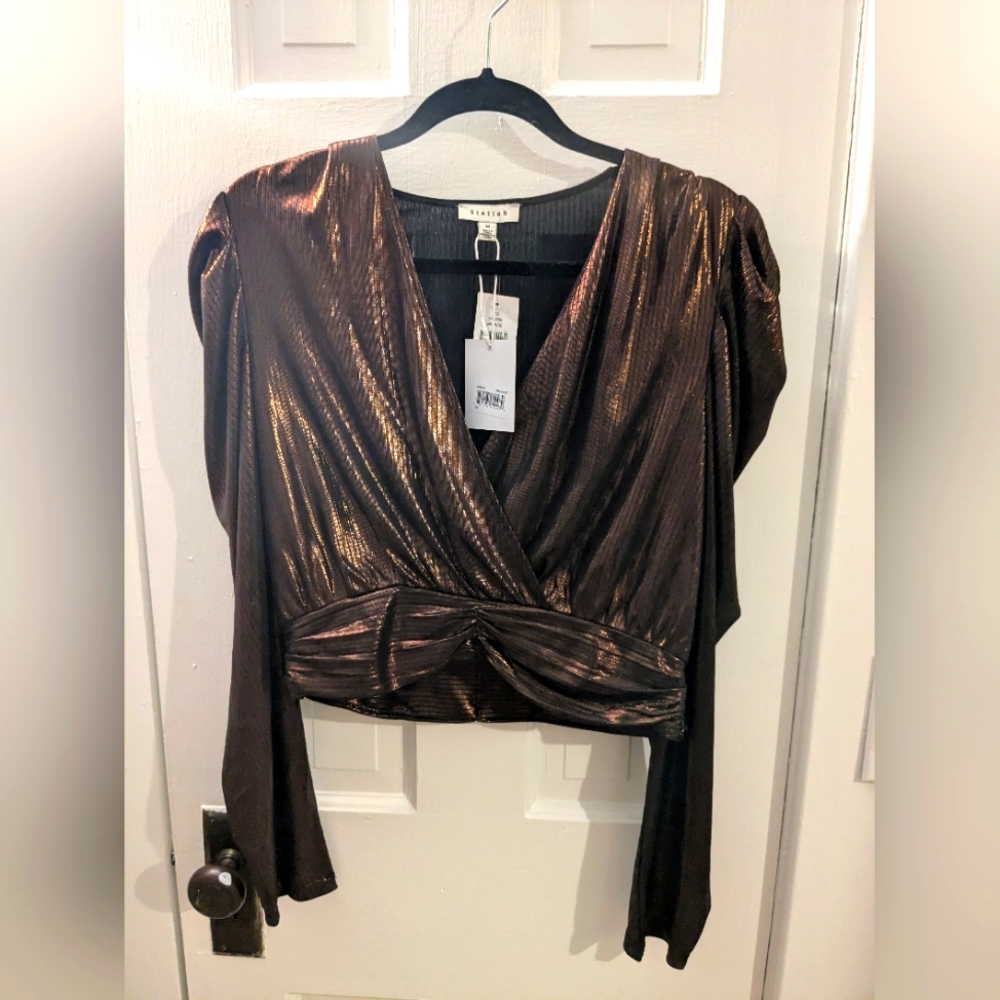 Stellah Metallic Bronze Wrap Top